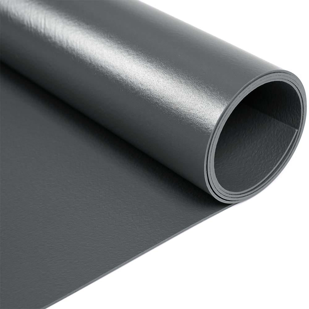 Close Up View Of G-Floor Mat, A Rolled Up Sheet Of Dark Gray Glossy Material With A Smooth Texture