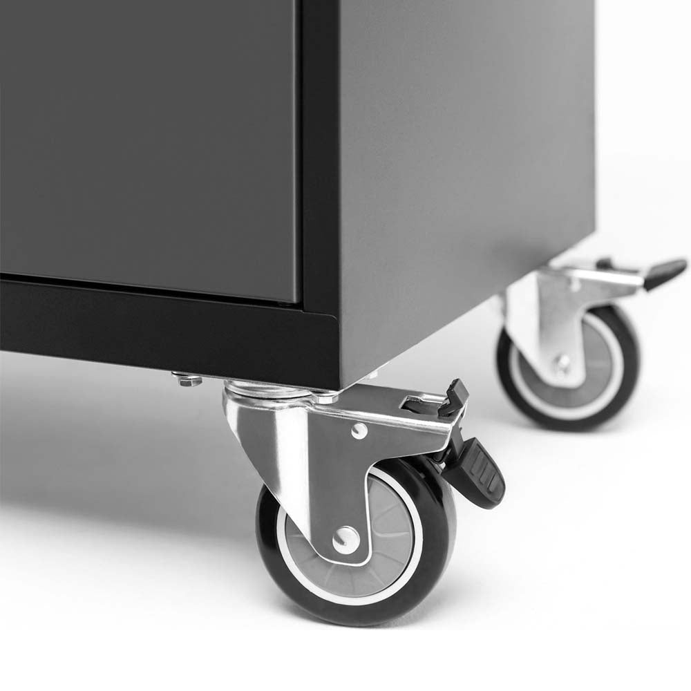 Close Up View Of The Bottom Corner Of Bold Series 10 Piece Cabinet Set Equipped With Two Swivel Caster Wheels