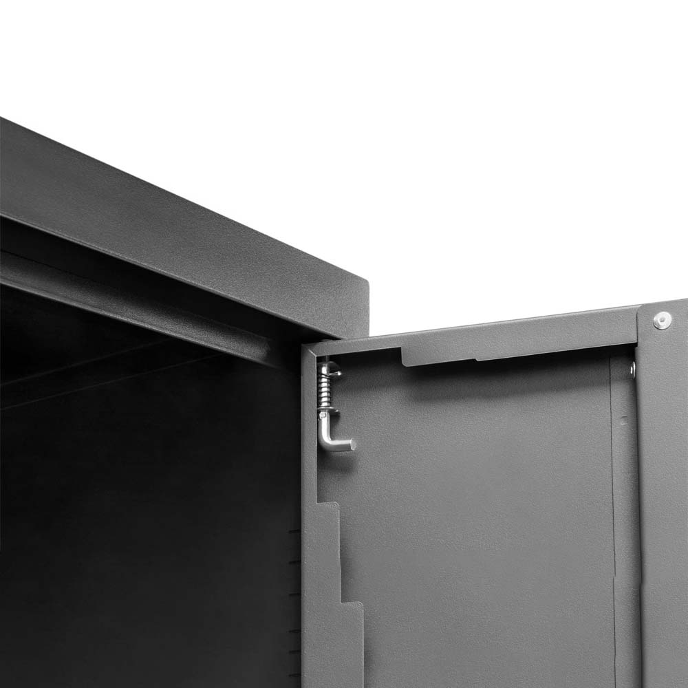 Close Up View Of The Hinge Mechanism On The Door Of NewAge 6 Piece Garage Cabinet Set With Project Center Bold 3.0 Series