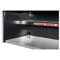 Close Up View Of The Interior Of An Extreme Tools Best Tool Box Hutch Featuring A Perforated Metal Side Panel And A Power Strip