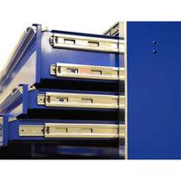 Close Up View Of The Sliding Mechanism For The Drawers On A Blue Extreme Tools 55 Tool Chest, Highlighting The Metal Tracks And Glides