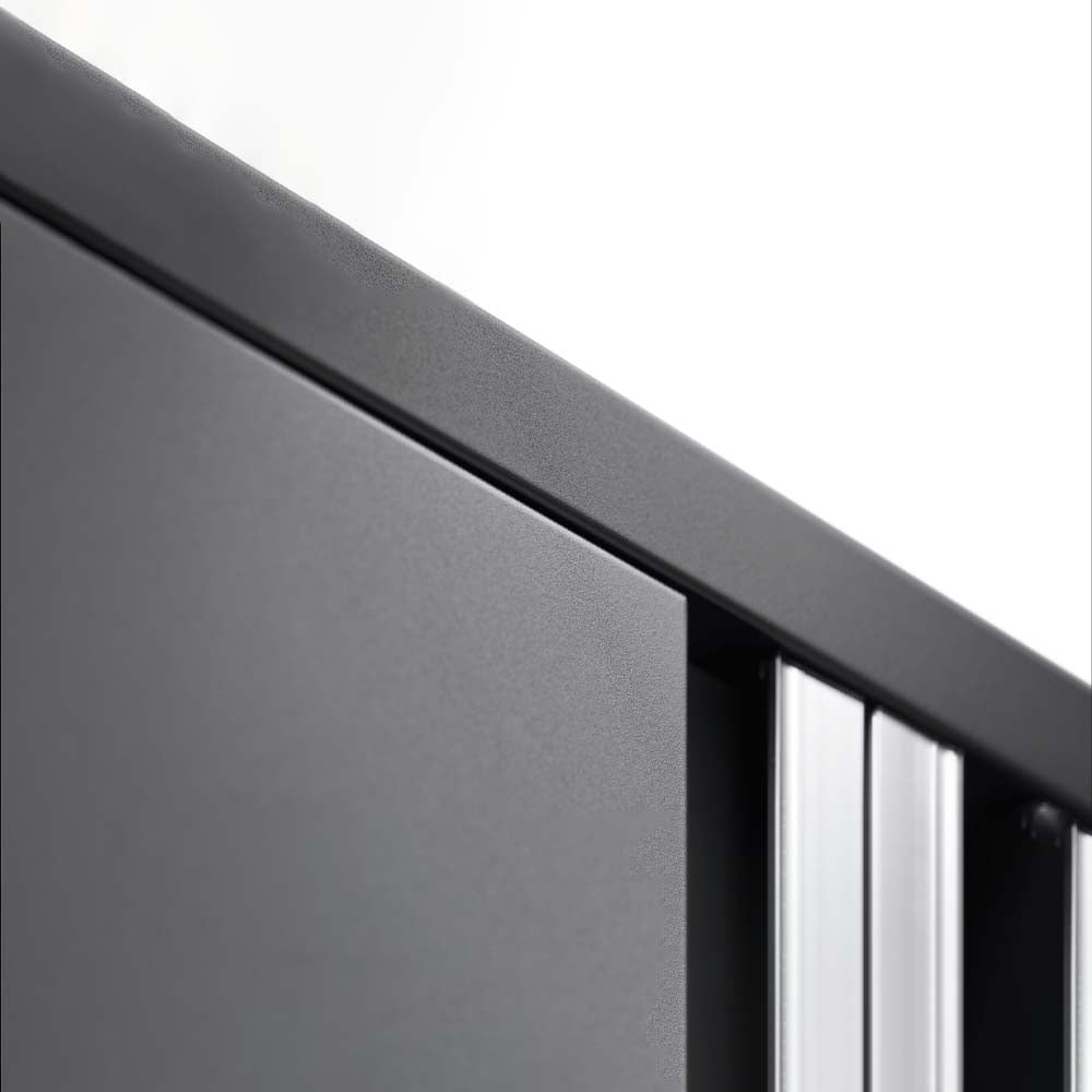 Close Up View Of The Top Corner Of A Sleek Dark Colored NewAge 7 Piece Bold 3.0 Series Garage Cabinet Set