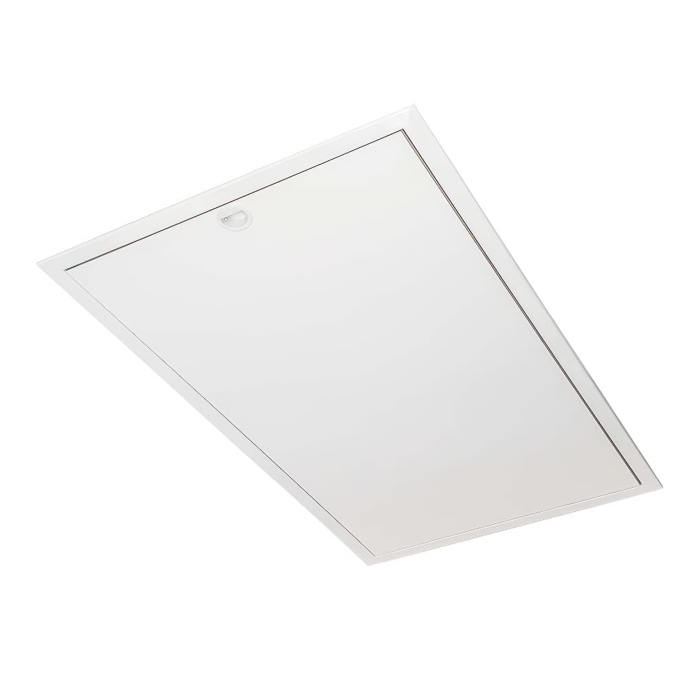 Closed Attic Hatch With A Clean Flush-Mounted White Door And A Recessed Pull Handle At The Center