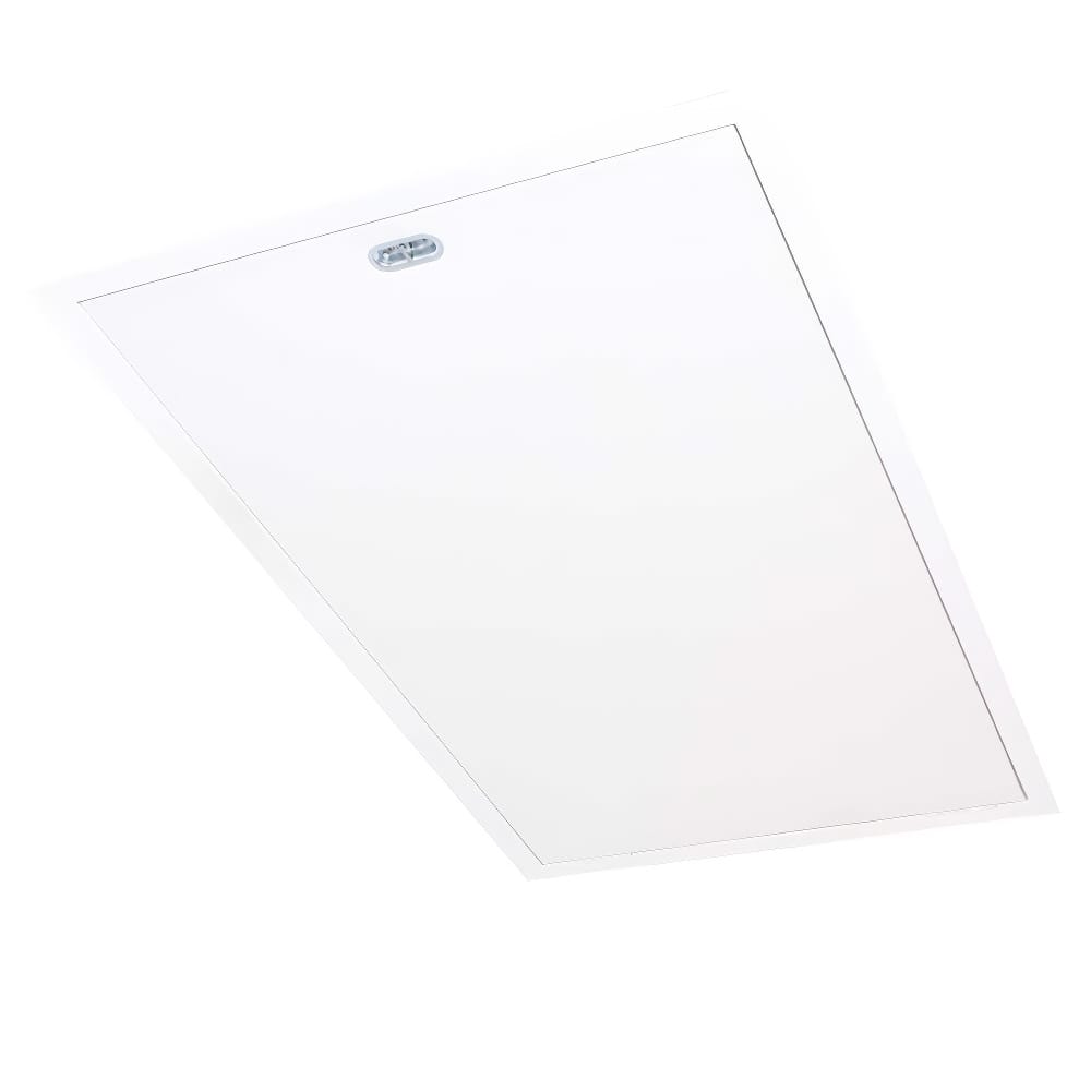 Closed White Attic Hatch With A Small Built-In Metal Handle