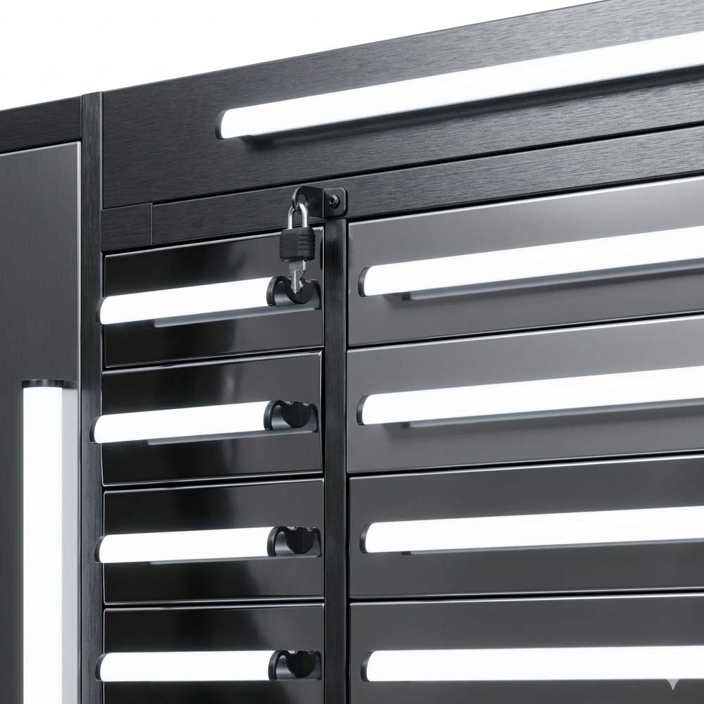 Closeup Of Gray Steel Cabinet Drawers With Long White Handles And A Center Lock Hasps