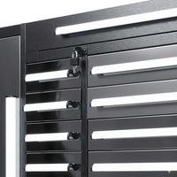 Closeup Of Gray Steel Cabinet Drawers With Long White Handles And A Center Lock Hasps