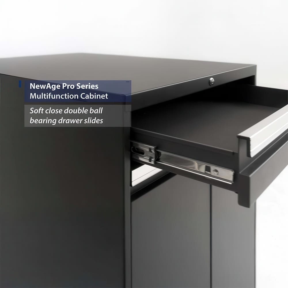 Closeup Of NewAge Pro Series Multifunction Cabinet Showing Open Soft Close Drawer With Double Ball Bearing Slides