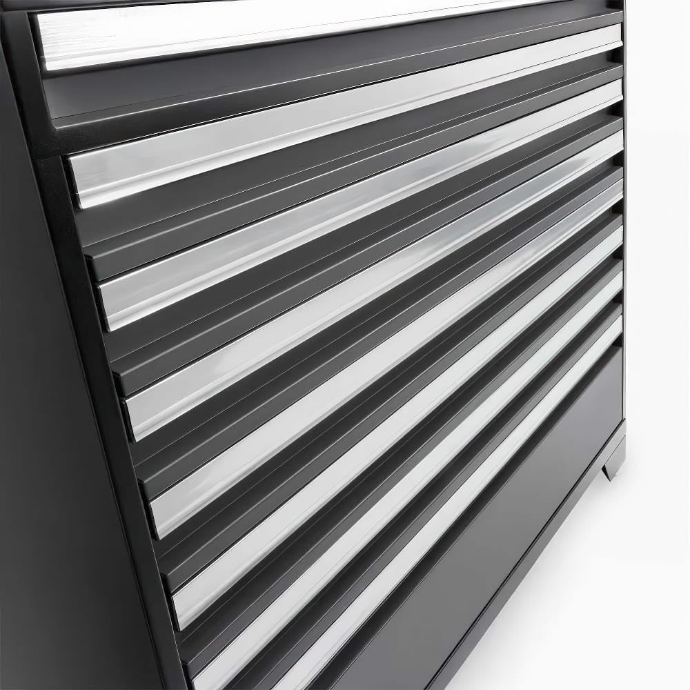 Closeup Of Sleek Tool Cabinet Drawers With Brushed Aluminum Pull Bars