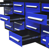 Closeup Shows Multiple Blue Tool Cabinet Drawers Pulled Open