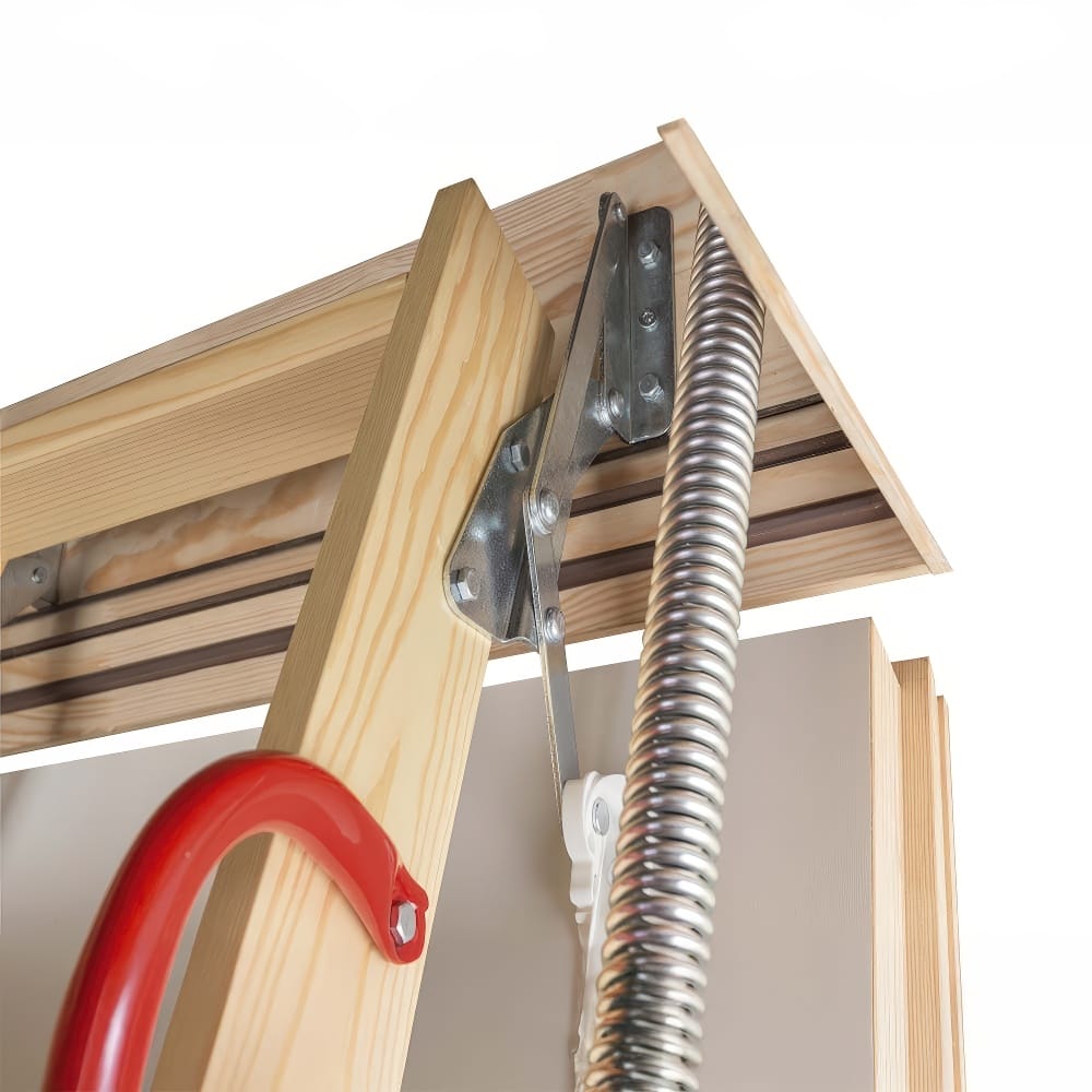 Coiled Spring Mechanism And Hinge Assembly Connected To A Wooden Attic Ladder