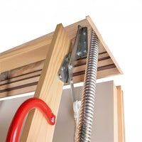 Coiled Spring Mechanism And Hinge Assembly Connected To A Wooden Attic Ladder