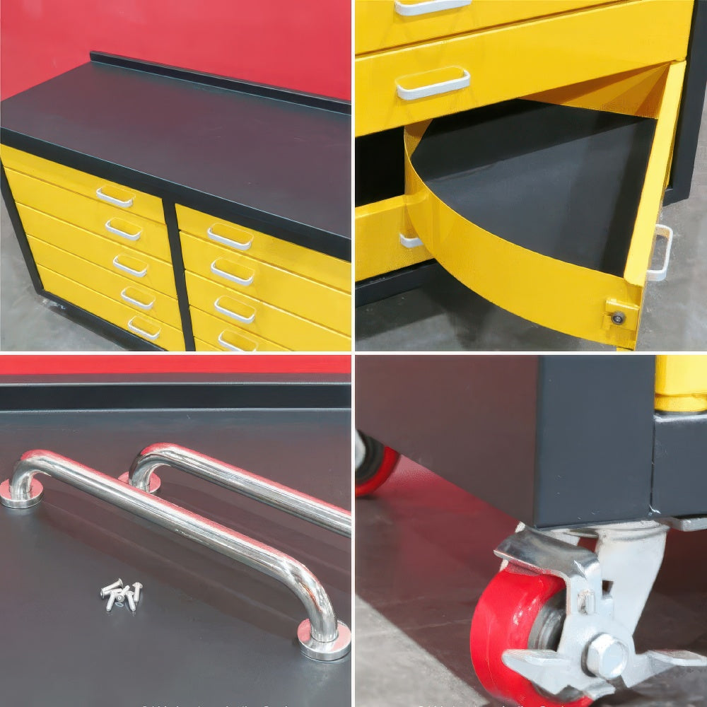 Collage Showing A Tool Cabinet With Drawers A Pull Out Tray Metal Handles And A Locking Caster