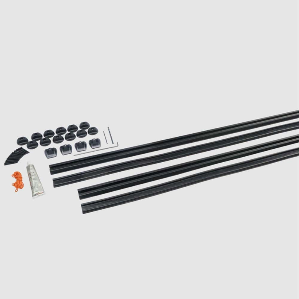Collection Of Black Roof Rack Rails Alongside Various Installation Components Such As Screws Adhesive Strips And Cable Ties