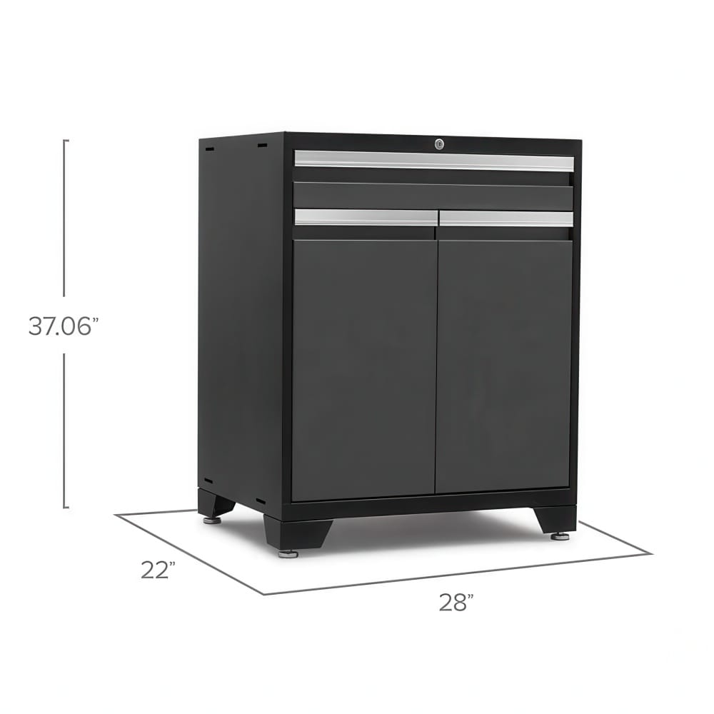 Compact Black Metal Storage Cabinet With Top Drawers And Double Doors Shown With Dimensions