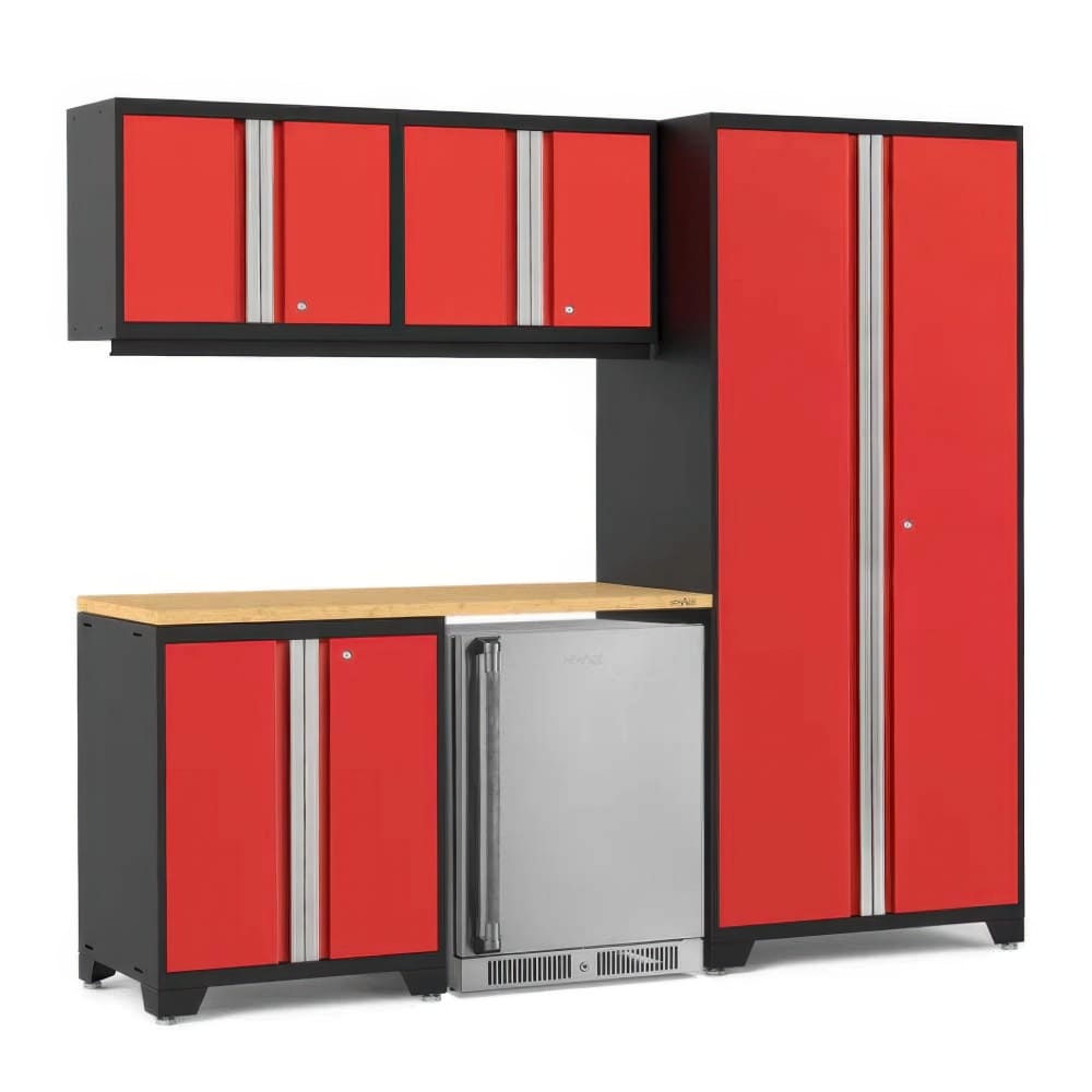 Compact Red Garage Cabinet Set With Tall Locker Upper Wall Units Butcher Block Worktop And Undercounter Stainless Beverage Cooler
