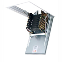 Compact Scissor-Style Metal Attic Ladder In Its Fully Retracted Position Within A Ceiling Hatch With Coiled Springs