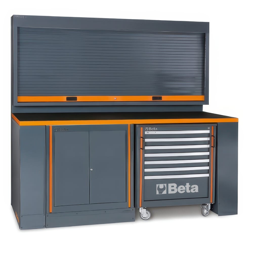 Complete Gray Beta Workshop Station With An Overhead Shutter Cabinet Lower Double Door Storage Rolling Seven Drawer Tool Chest And Orange Trim