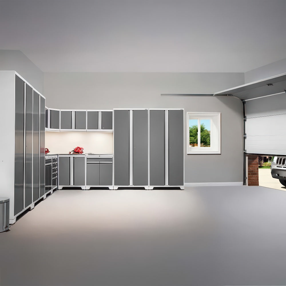 Corner Arrangement Of Tall And Base Cabinets In Gray With White Trim