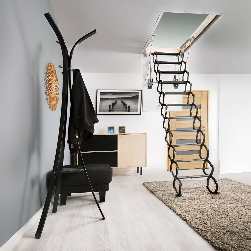 Cozy Interior Hallway With A Retractable Scissor-Style Attic Ladder Fully Extended Onto A Rug