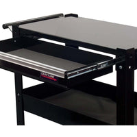 Craftline 3 Shelf Metal Cart With Drawer And A Handle Featuring A Top Shelf, An Open Sliding Drawer, And An Additional Lower Shelf