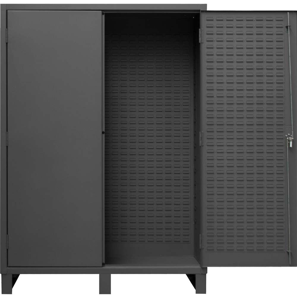 Customizable Louvered Panel Cabinet Durham With One Door Open Revealing An Empty Interior With A Perforated Back Panel