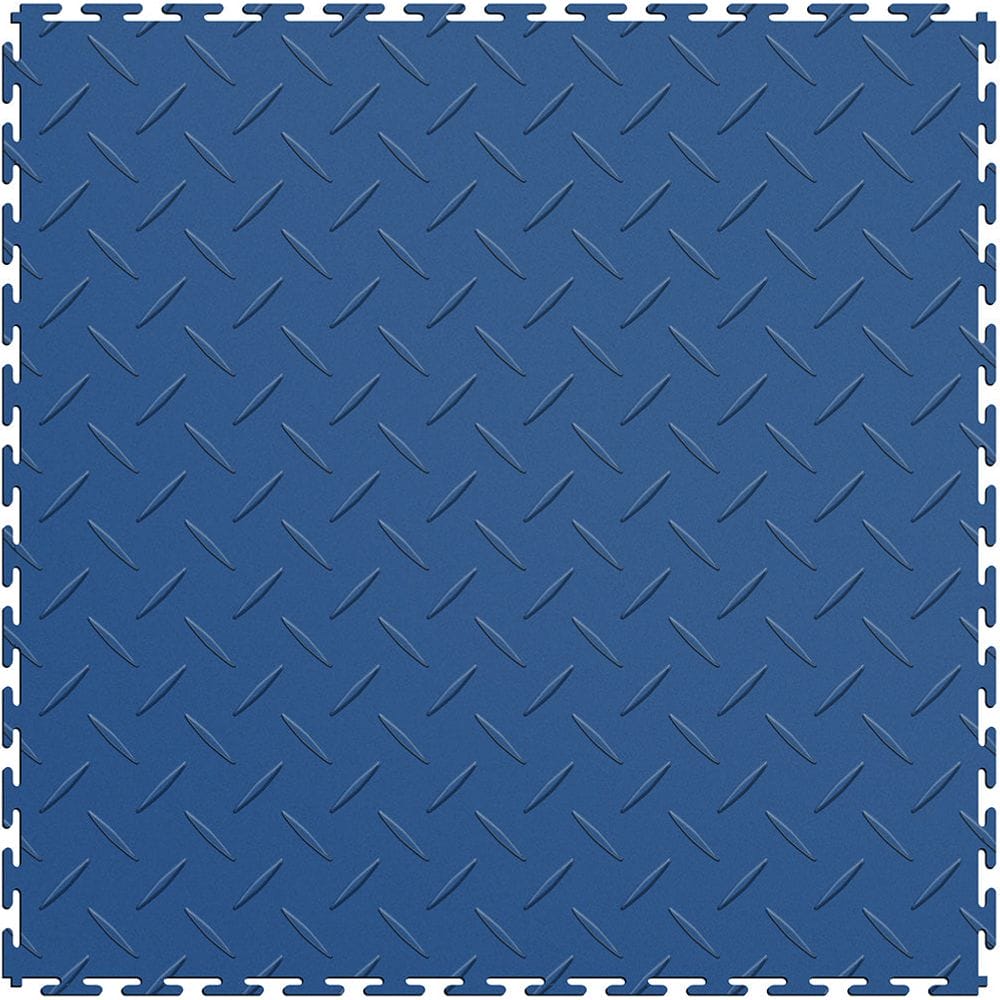 Dark Blue Perfection Tile Garage Rubber Floor Tiles With A Diamond Plate Pattern, Featuring Raised Diamond Shaped Ridges