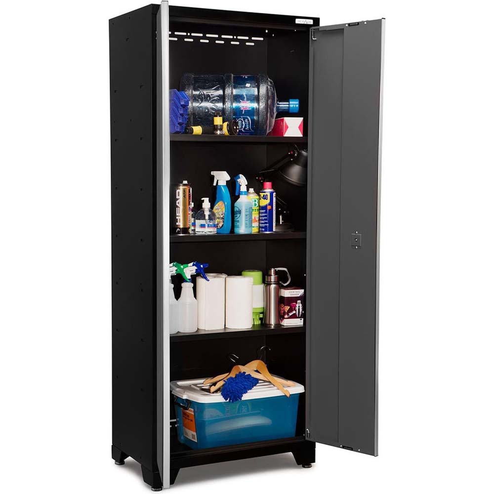 Dark Colored 7 Piece Bold 3.0 Series Garage Cabinet Set With An Open Door Revealing Multiple Shelves