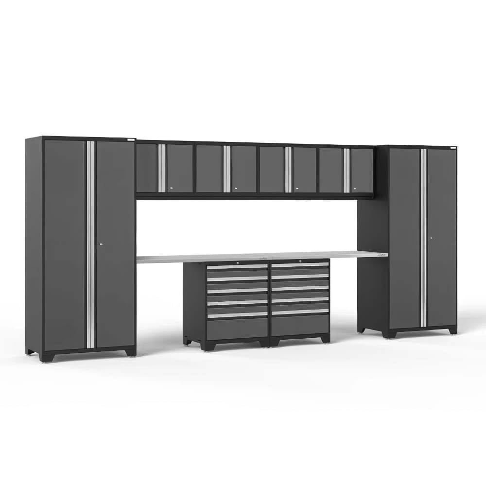 Dark Gray Garage Cabinet Set With Tall Lockers Upper Cabinets Long Stainless Worktop And Two Rolling Tool Chest Drawers