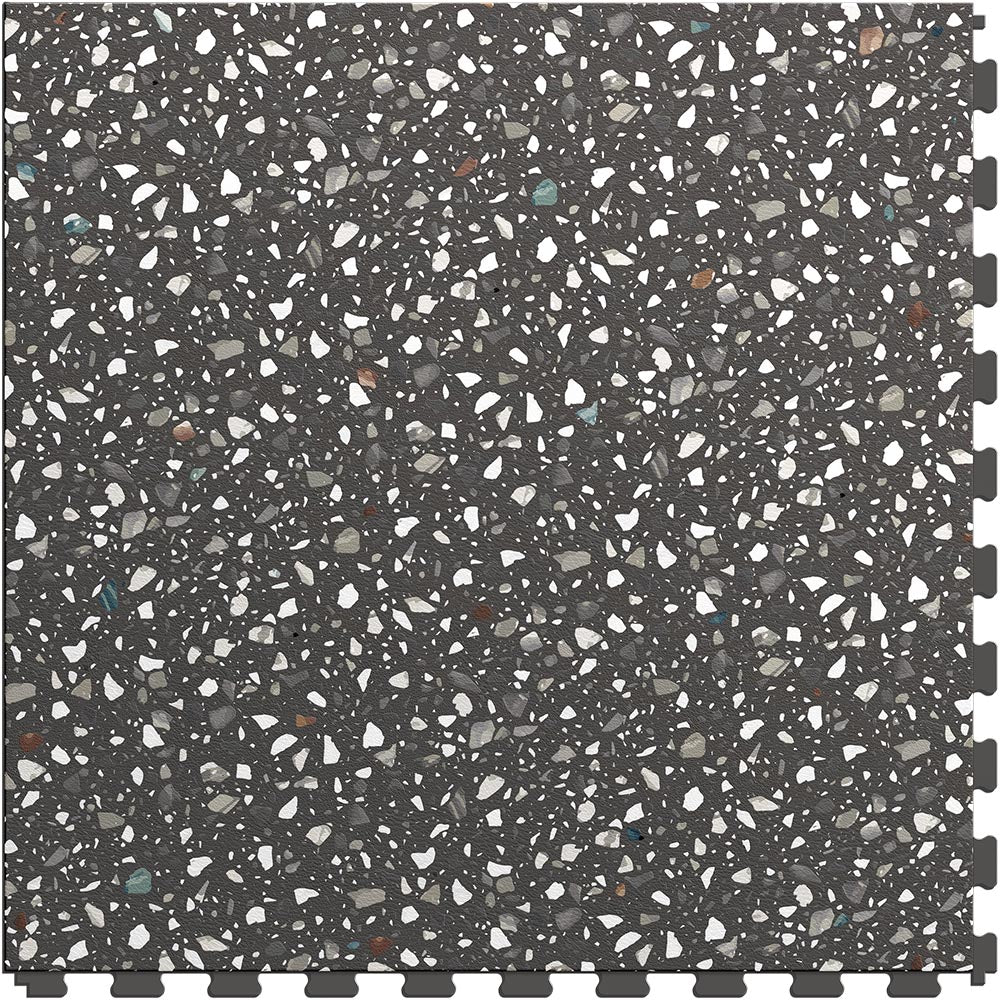 Dark Gray Garage Rubber Floor Tiles By Perfection Tile, With A Random Distribution Of Small Irregularly Shaped White Gray And Colored Stone Fragments