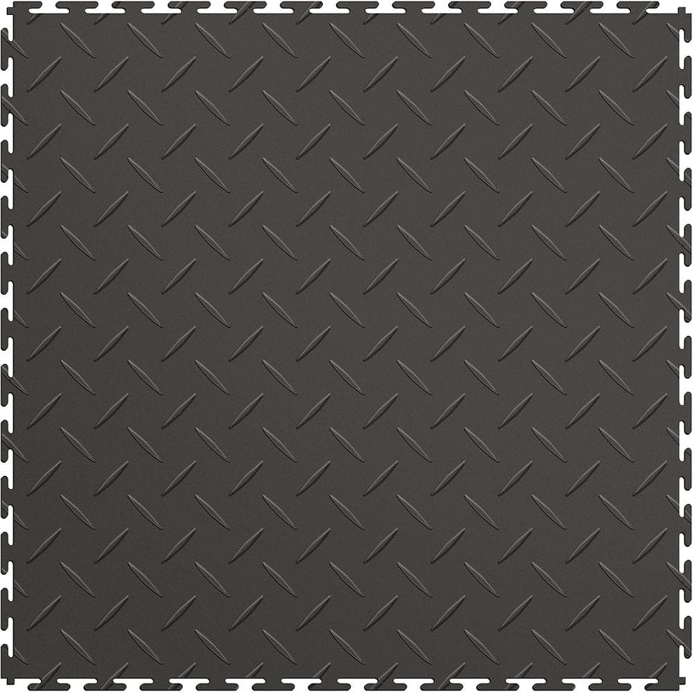 Dark Gray Perfection Tile Interlocking Floor Tiles With A Diamond Plate Pattern, Featuring Raised Diamond Shaped Indentations