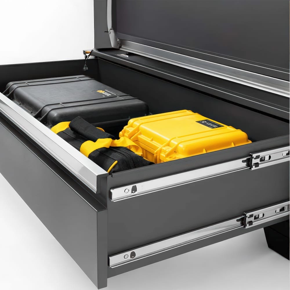 Deep Lower Drawer Holds Bulky Cases On Heavy Duty Full Extension Slides