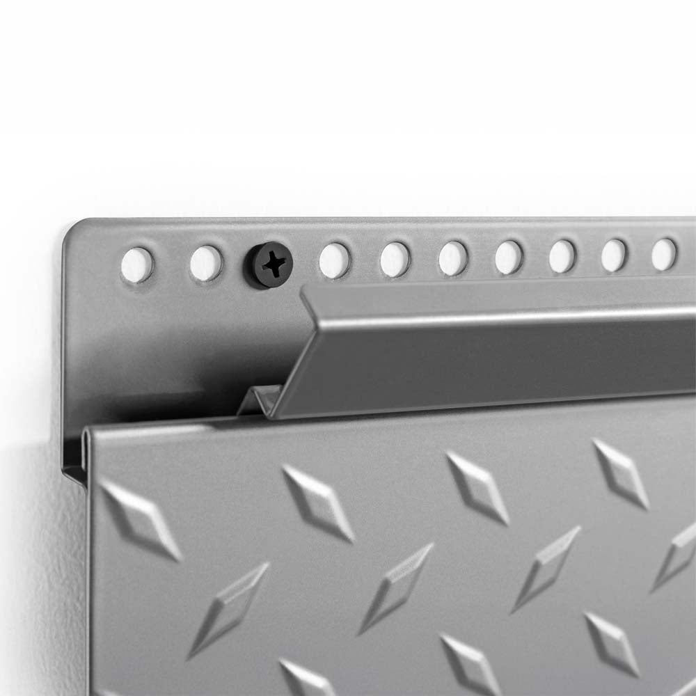Detail View Of Mounted Metal Slatwall Track With Black Screw And Diamond Plate Panel