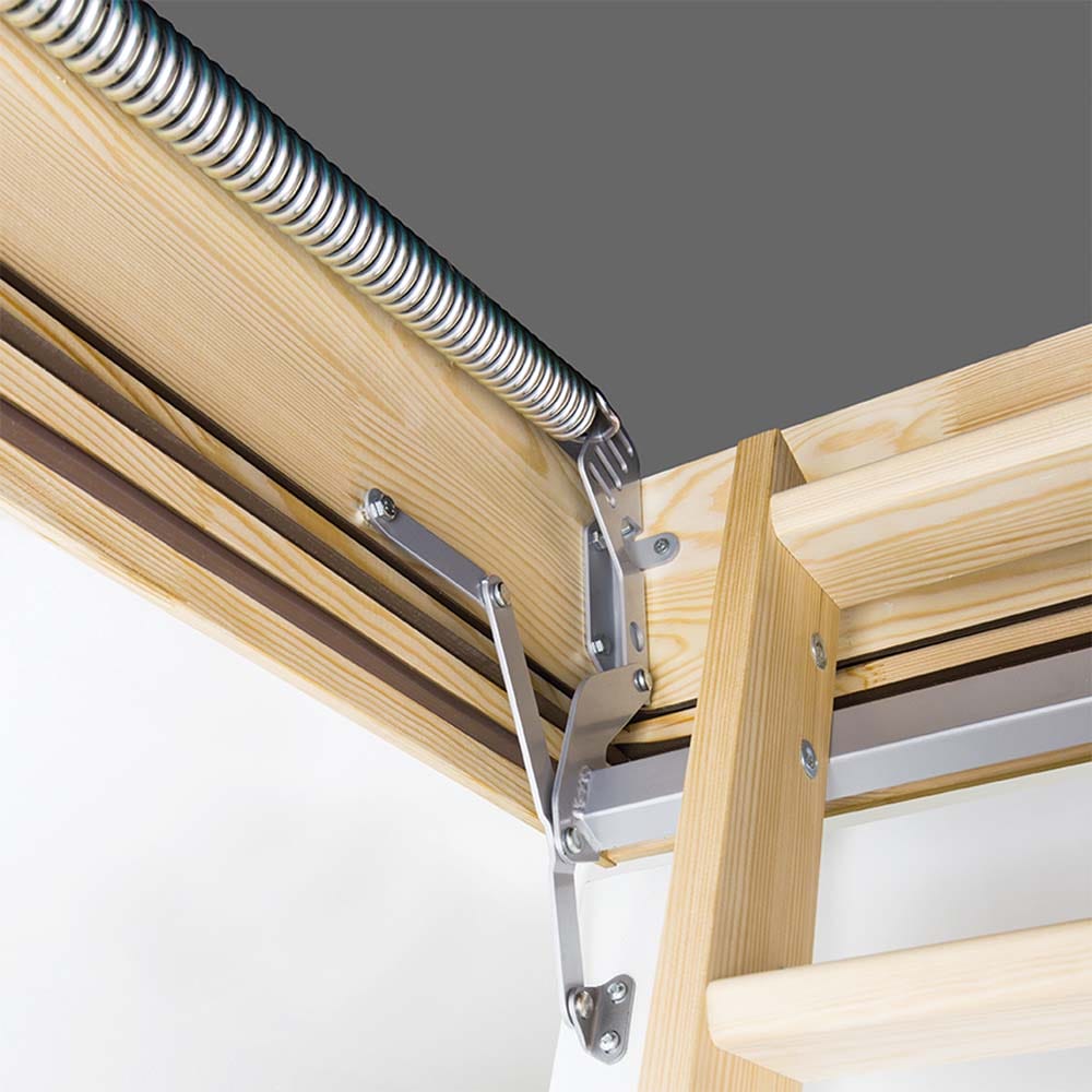 Detailed View Of A Wooden Attic Ladder s Hinge And Spring Mechanism