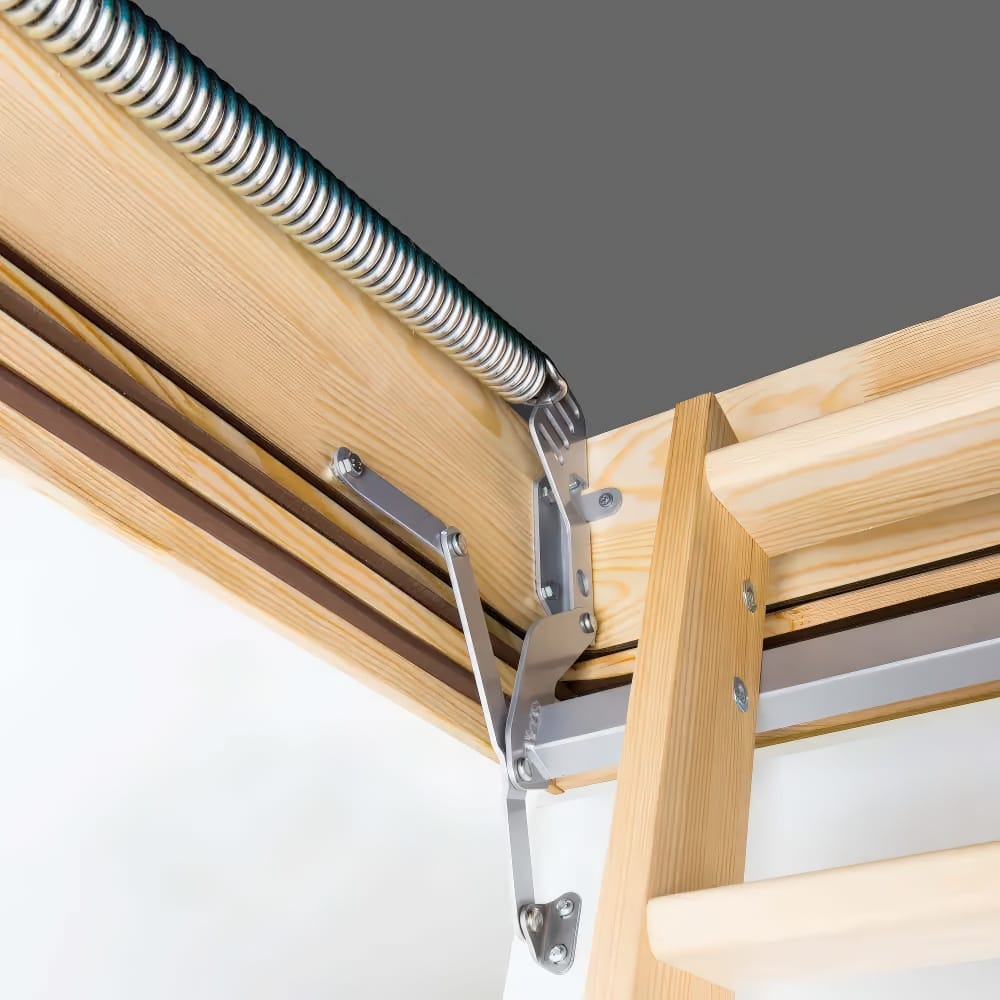 Detailed View Of An Attic Ladder s Hinge And Spring Mechanism Securely Connecting The Folding Ladder To The Wooden Frame And Ceiling