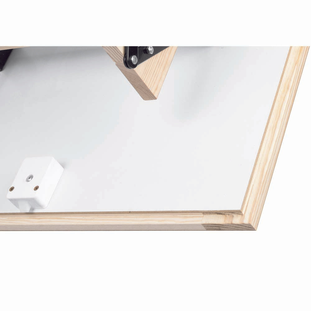 Detailed View Of Wood Trimmed Attic Hatch Panel With White Stop Block And Hinge Hardware