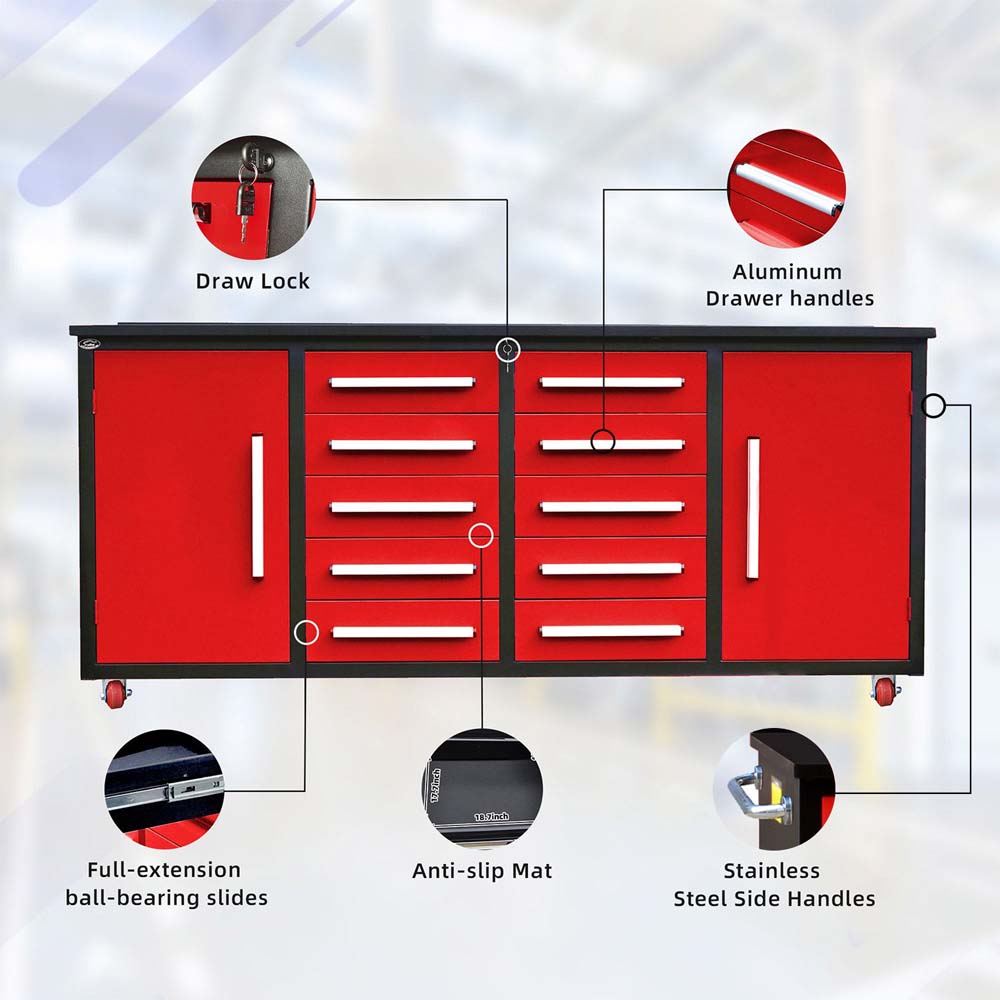Diagram Of A Red Mobile Workbench Showing Drawer Lock Aluminum Handles