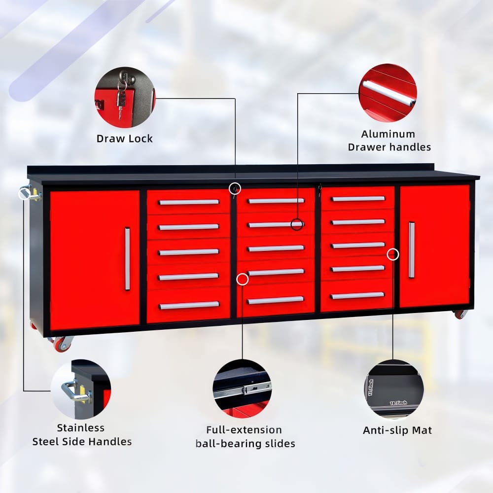 Diagram Showcases A Red And Black Rolling Tool Cabinet With Callouts