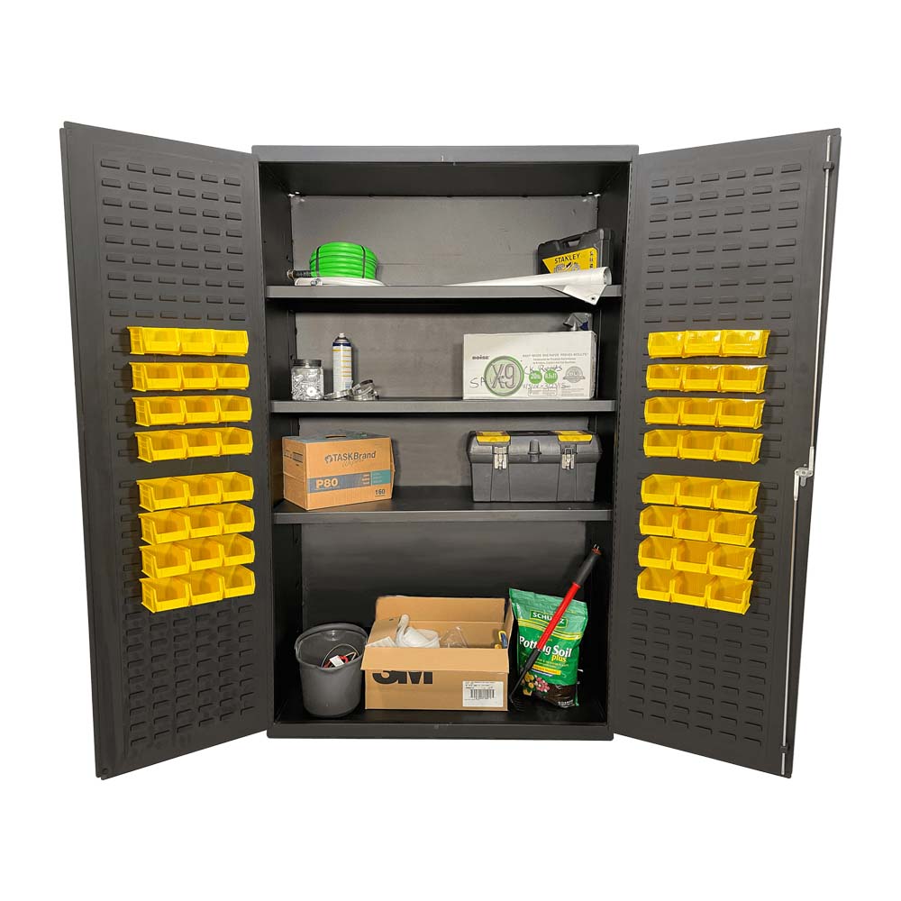 Digilock Keypad Storage Cabinet With Shelves Holding Various Items Including Yellow Bins Boxes And Tools