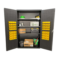 Digilock Keypad Storage Cabinet With Shelves Holding Various Items Including Yellow Bins Boxes And Tools
