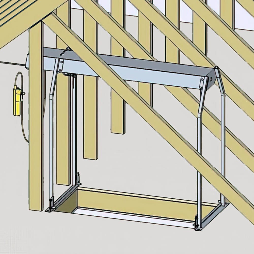 Digital Illustration Showing A Metal Lifting Mechanism Installed Among Wooden Attic Trusses