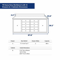 Dimension Diagram For A 7 Foot Heavy Duty Workbench With Ten Drawers And Two Cabinets