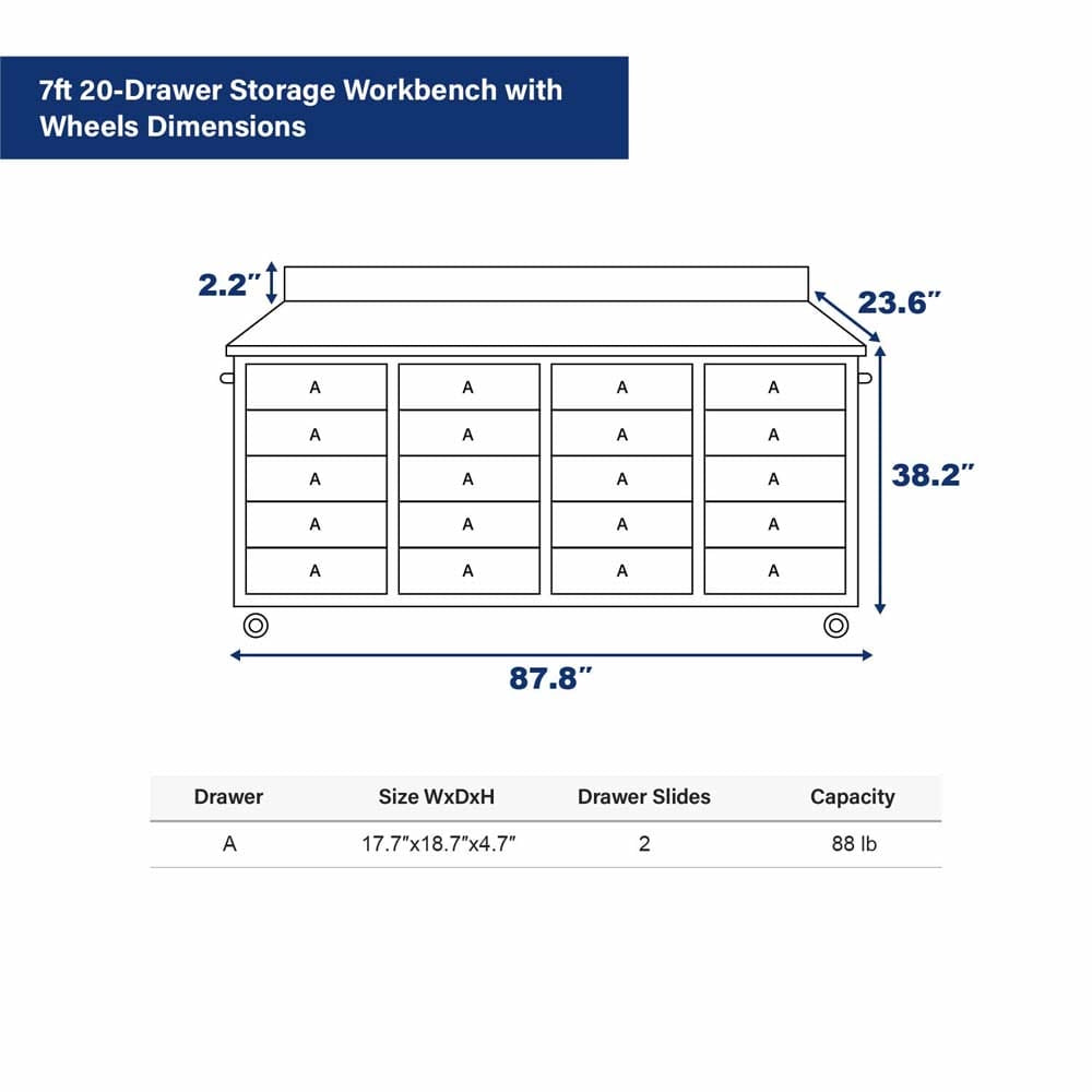 Dimension Diagram For A 7ft 20-Drawer Storage Workbench With Wheels