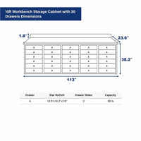 Dimension Diagram Lists A 10ft Workbench Storage Cabinet With 30 Drawers
