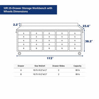 Dimension Diagram Shows A 10ft 25 Drawer Storage Workbench With Wheels