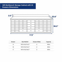 Dimension Diagram Shows A 10ft Workbench Storage Cabinet With 35 Drawers