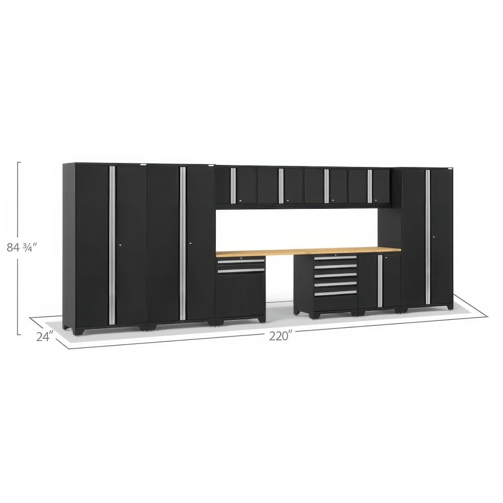 Dimensional Diagram Of A Black Garage Cabinet System With Two Tall Lockers Upper Wall Cabinets Wood Workbench And Tool Drawers