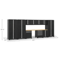 Dimensional Diagram Of A Black Garage Cabinet System With Two Tall Lockers Upper Wall Cabinets Wood Workbench And Tool Drawers
