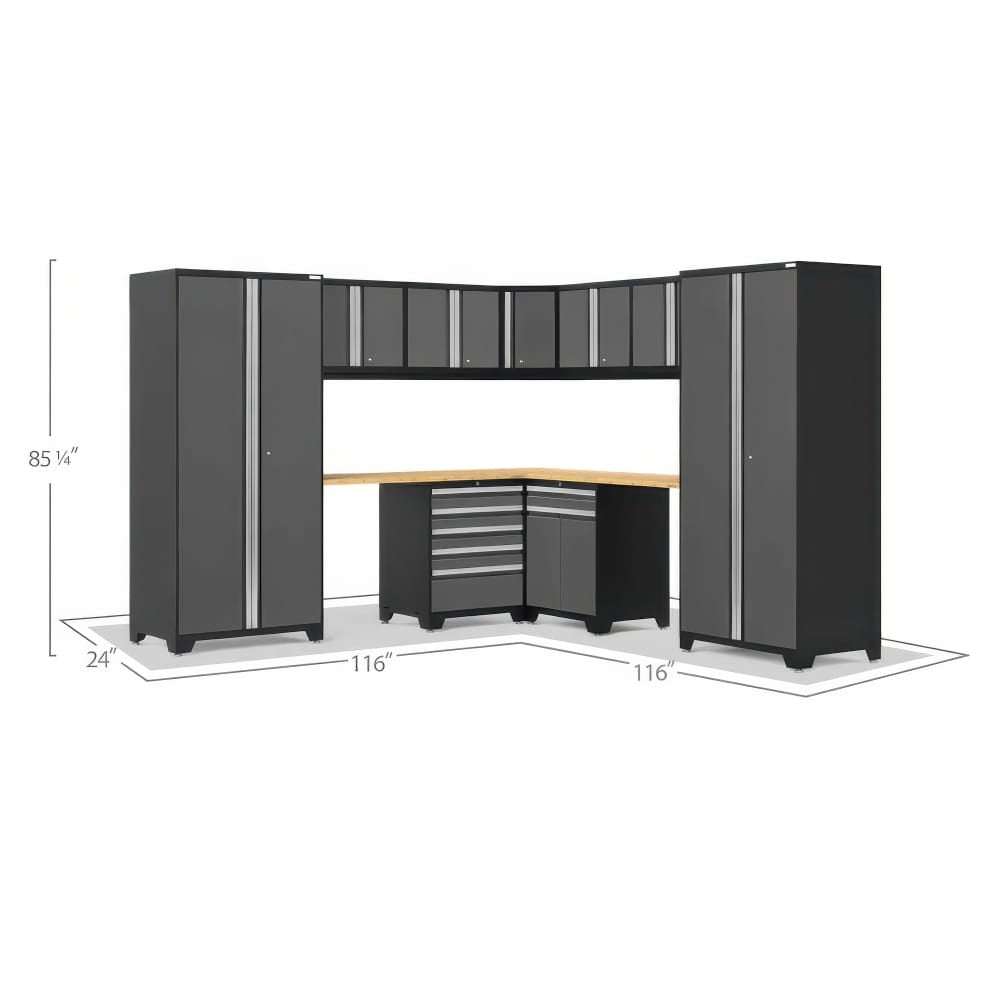 Dimensioned L-Shaped Garage Cabinet System With Two Tall Towers Overhead Wall Cabinets Corner Wood Worktop And Base Drawer Units