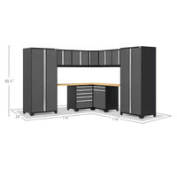 Dimensioned L-Shaped Garage Cabinet System With Two Tall Towers Overhead Wall Cabinets Corner Wood Worktop And Base Drawer Units