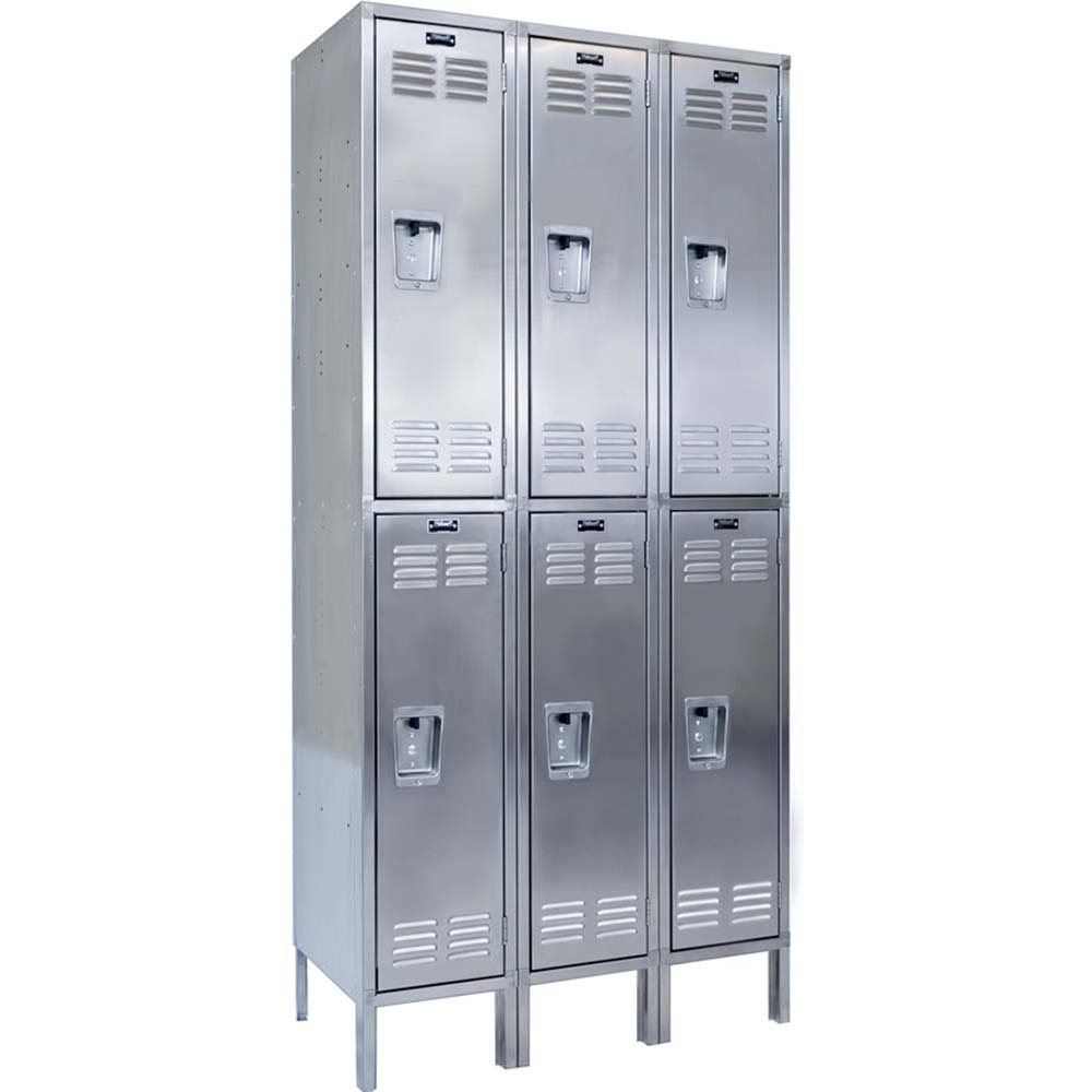 Double Tier Locker 3 Wide Hallowell Stainless Steel Arranged In Two Vertical Rows Of Three